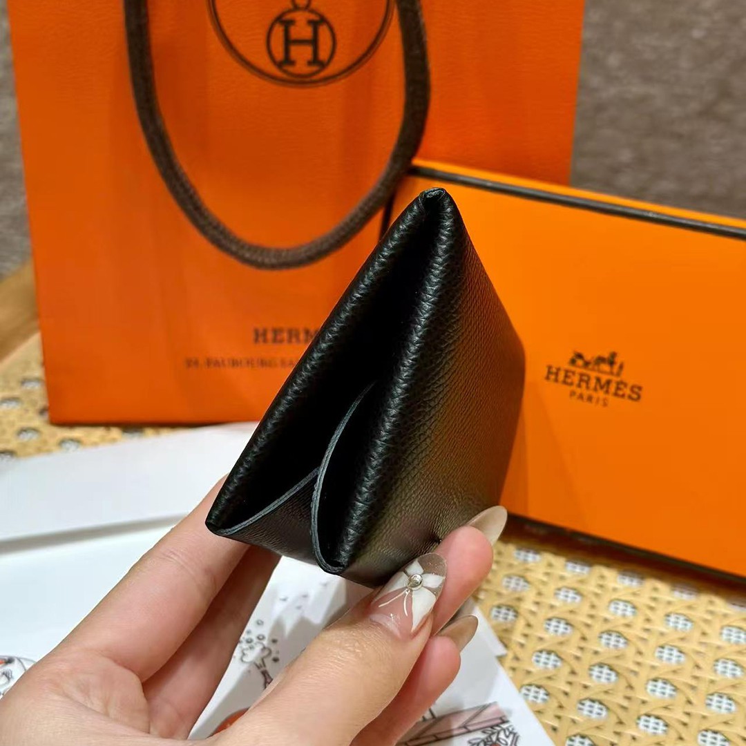 Hermes Calvi Duo Compact Card Holder Handmade In Epsom Calfskin Leather Silver Hardware 89 Nior - Image 10