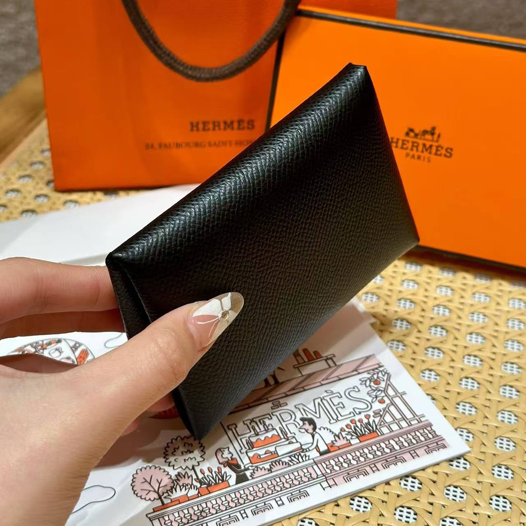Hermes Calvi Duo Compact Card Holder Handmade In Epsom Calfskin Leather Silver Hardware 89 Nior - Image 9