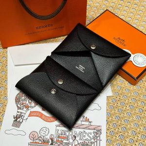 Hermes Calvi Duo Compact Card Holder Handmade In Epsom Calfskin Leather Silver Hardware 89 Nior - Image 8