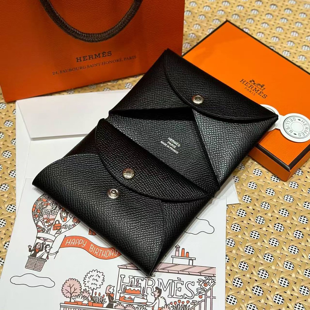 Hermes Calvi Duo Compact Card Holder Handmade In Epsom Calfskin Leather Silver Hardware 89 Nior - Image 8