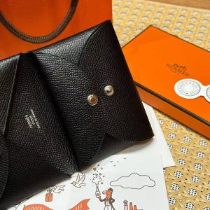 Hermes Calvi Duo Compact Card Holder Handmade In Epsom Calfskin Leather Silver Hardware 89 Nior - Image 6