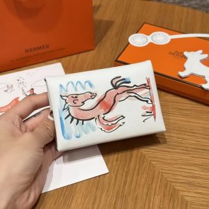 Hermes Calvi Duo Compact Card Holder Handmade In Swift And Chèvre Calfskin Leather 0U New White
