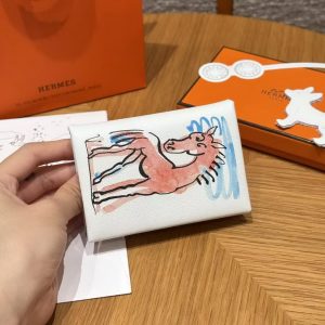 Hermes Calvi Duo Compact Card Holder Handmade In Swift And Chèvre Calfskin Leather 0U New White - Image 2