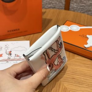 Hermes Calvi Duo Compact Card Holder Handmade In Swift And Chèvre Calfskin Leather 0U New White - Image 14