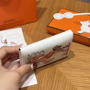 Hermes Calvi Duo Compact Card Holder Handmade In Swift And Chèvre Calfskin Leather 0U New White - Image 12