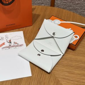 Hermes Calvi Duo Compact Card Holder Handmade In Swift And Chèvre Calfskin Leather 0U New White - Image 11