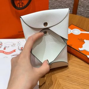 Hermes Calvi Duo Compact Card Holder Handmade In Swift And Chèvre Calfskin Leather 0U New White - Image 10