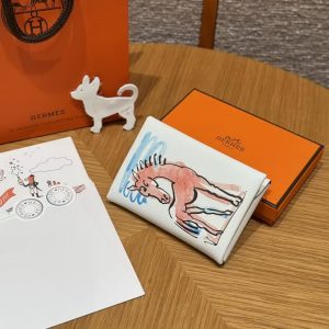 Hermes Calvi Duo Compact Card Holder Handmade In Swift And Chèvre Calfskin Leather 0U New White - Image 8