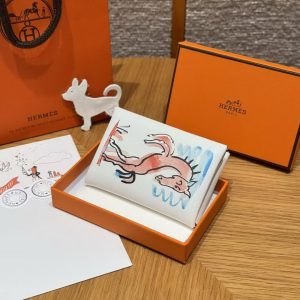 Hermes Calvi Duo Compact Card Holder Handmade In Swift And Chèvre Calfskin Leather 0U New White - Image 7