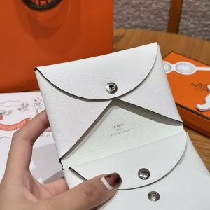 Hermes Calvi Duo Compact Card Holder Handmade In Swift And Chèvre Calfskin Leather 0U New White - Image 6