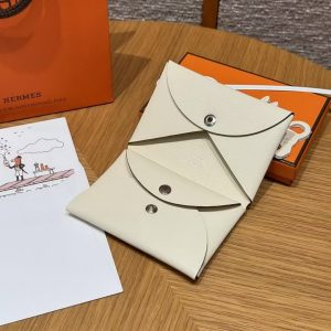 Hermes Calvi Duo Compact Card Holder Handmade In Swift And Chèvre Calfskin Leather I2 Nata - Image 11