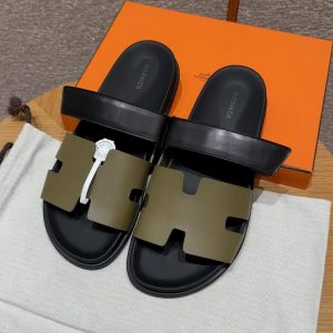Hermes Chypre Sandal Men Techno-sandal Calfskin Vert Toundra Noir H222858ZHVT390