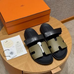 Hermes Chypre Sandal Men Techno-sandal Calfskin Vert Toundra Noir H222858ZHVT390 - Image 6