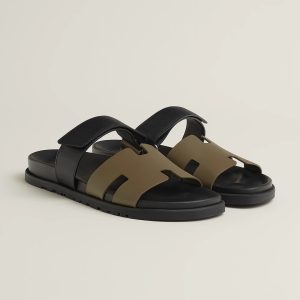 Hermes Chypre Sandal Men Techno-sandal Calfskin Vert Toundra Noir H222858ZHVT390 - Image 4