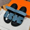 Hermes Chypre Sandal Men Techno-sandal Suede Goatskin Bleu Jean