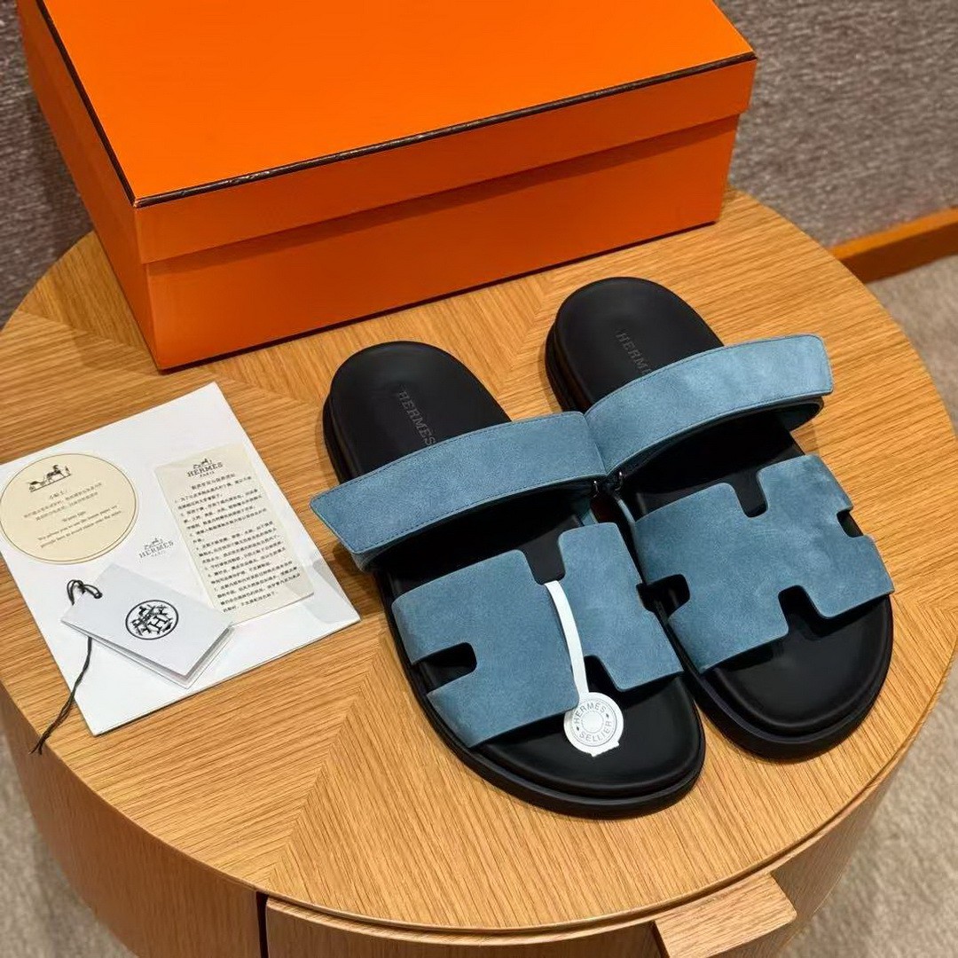 Hermes Chypre Sandal Men Techno-sandal Suede Goatskin Bleu Jean - Image 6