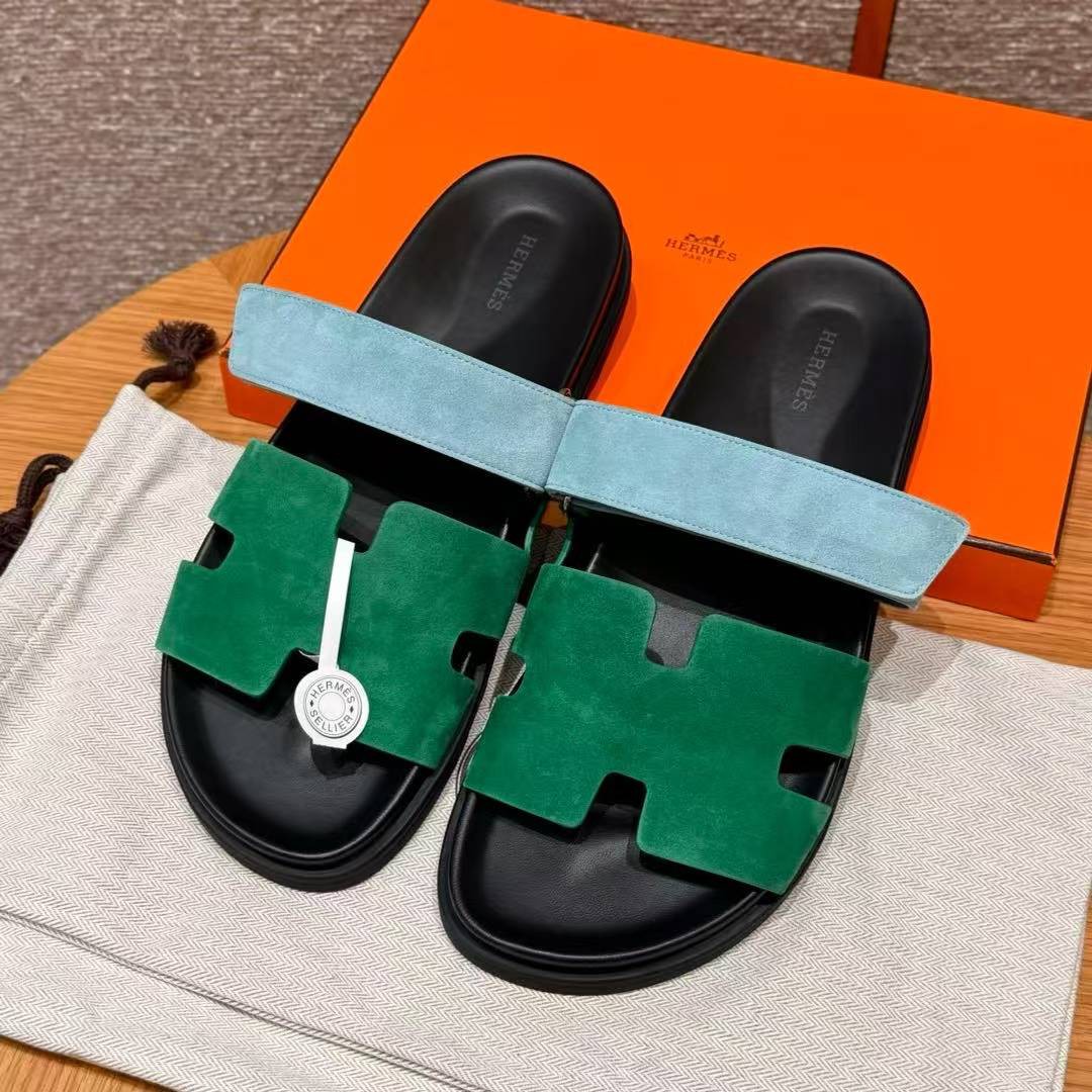 Hermes Chypre Sandal Men Techno-sandal Suede Goatskin Green and Light Blue
