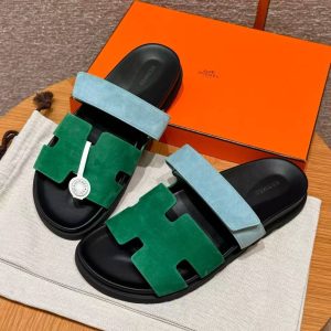 Alternative view of Hermes Chypre Sandal Men Techno-sandal Suede Goatskin Green and Light Blue