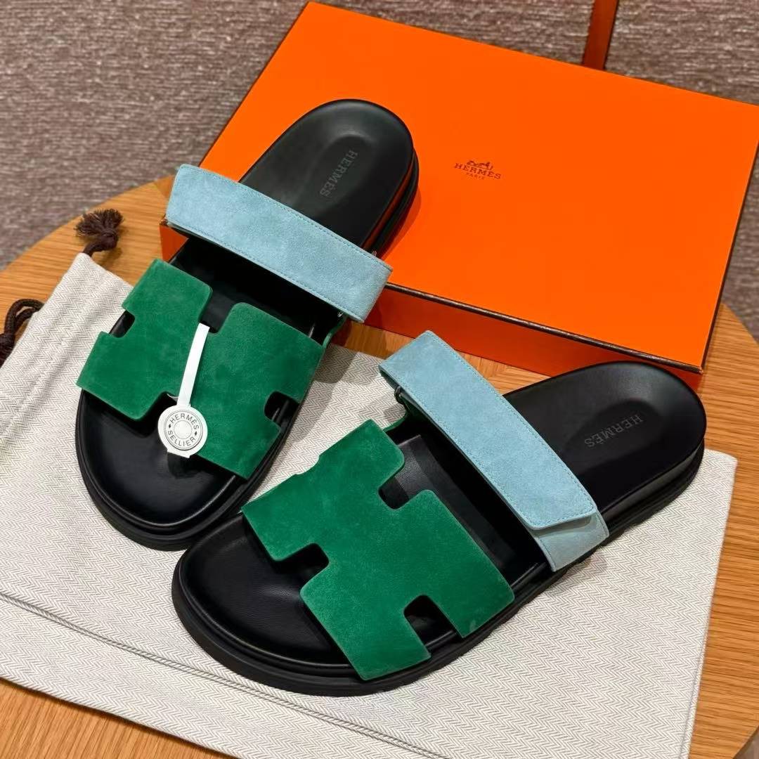 Hermes Chypre Sandal Men Techno-sandal Suede Goatskin Green and Light Blue - Image 2