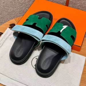 Hermes Chypre Sandal Men Techno-sandal Suede Goatskin Green and Light Blue - Image 13