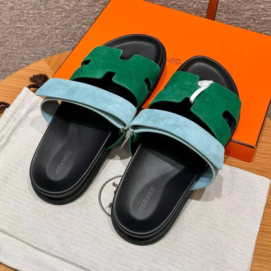 Hermes Chypre Sandal Men Techno-sandal Suede Goatskin Green and Light Blue - Image 13