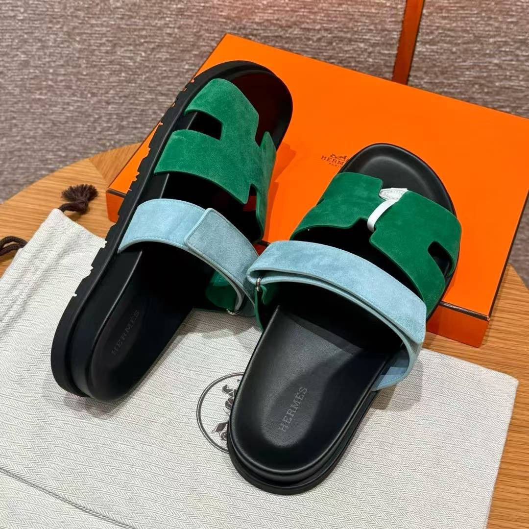 Hermes Chypre Sandal Men Techno-sandal Suede Goatskin Green and Light Blue - Image 12