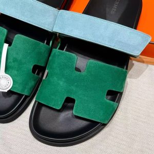 Hermes Chypre Sandal Men Techno-sandal Suede Goatskin Green and Light Blue - Image 9