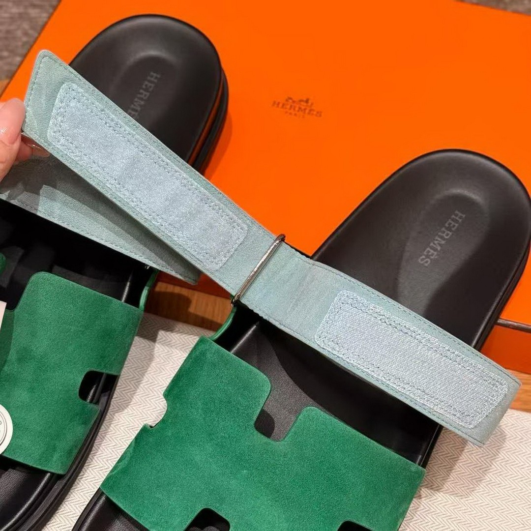 Hermes Chypre Sandal Men Techno-sandal Suede Goatskin Green and Light Blue - Image 8