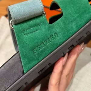 Hermes Chypre Sandal Men Techno-sandal Suede Goatskin Green and Light Blue - Image 5