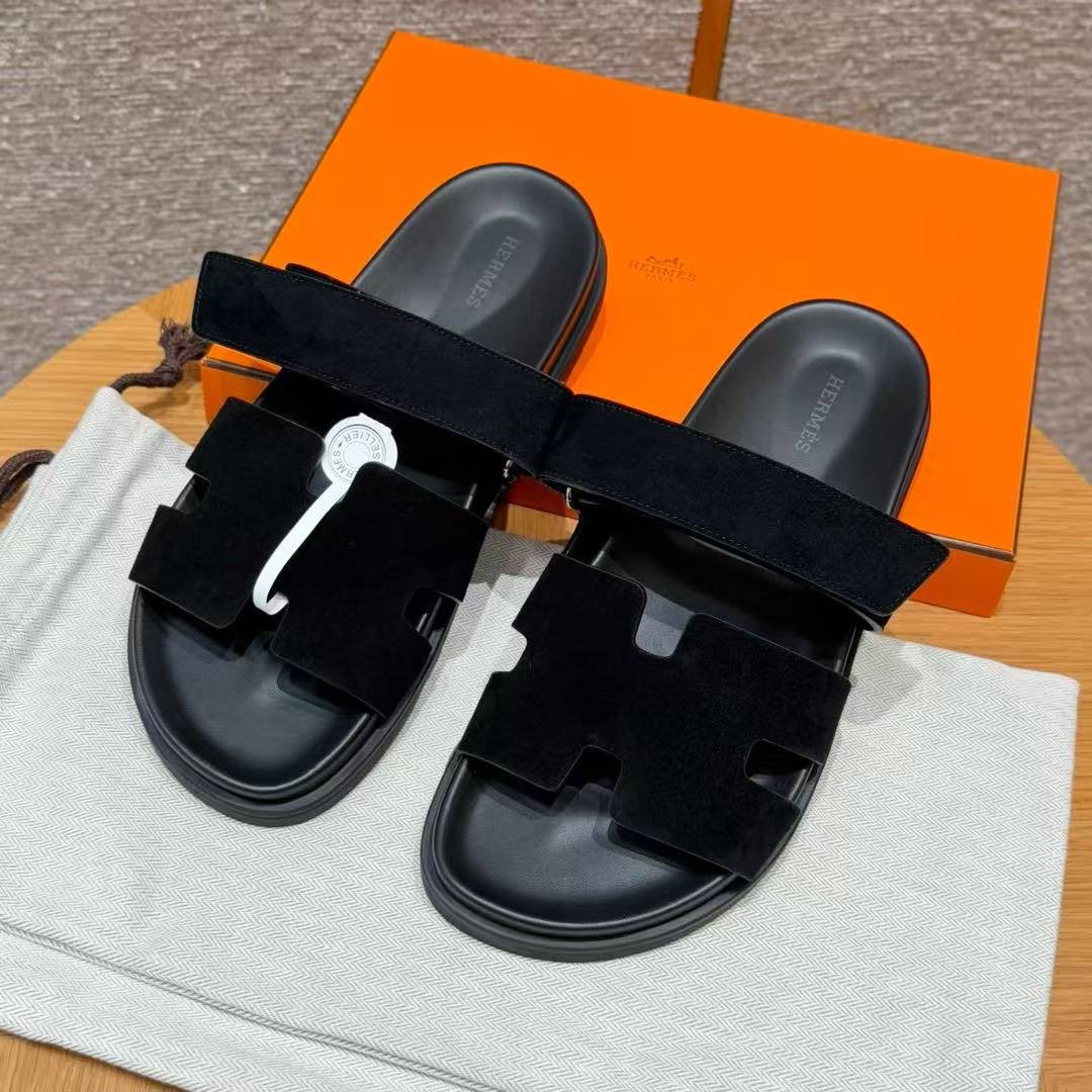 Hermes Chypre Sandal Men Techno-sandal Suede Goatskin Noir
