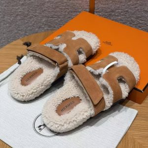 Hermes Chypre Sandal Women Techno-sandal Calfskin With Shearling Lining Brun Fumé Ecru - Image 15