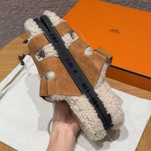 Hermes Chypre Sandal Women Techno-sandal Calfskin With Shearling Lining Brun Fumé Ecru - Image 10