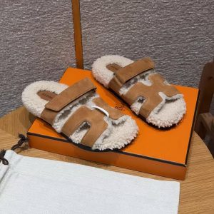Hermes Chypre Sandal Women Techno-sandal Calfskin With Shearling Lining Brun Fumé Ecru - Image 6