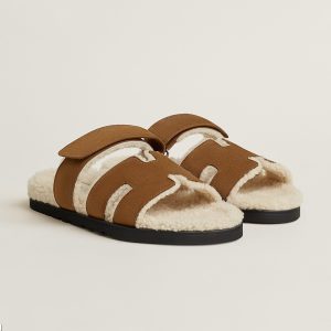 Hermes Chypre Sandal Women Techno-sandal Calfskin With Shearling Lining Brun Fumé Ecru