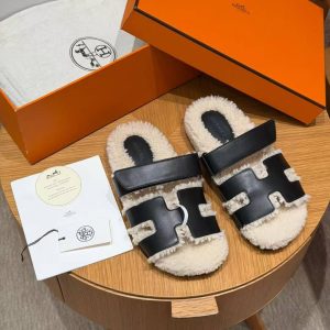 Hermes Chypre Sandal Women Techno-sandal Calfskin With Shearling Lining Noir Ecru - Image 6