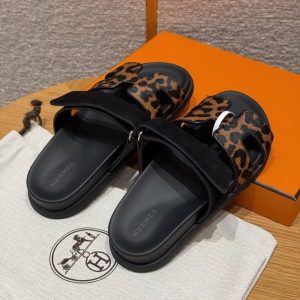 Hermes Chypre Sandal Women Techno-sandal Suede Goatskin Horsehair Gold Black - Image 5