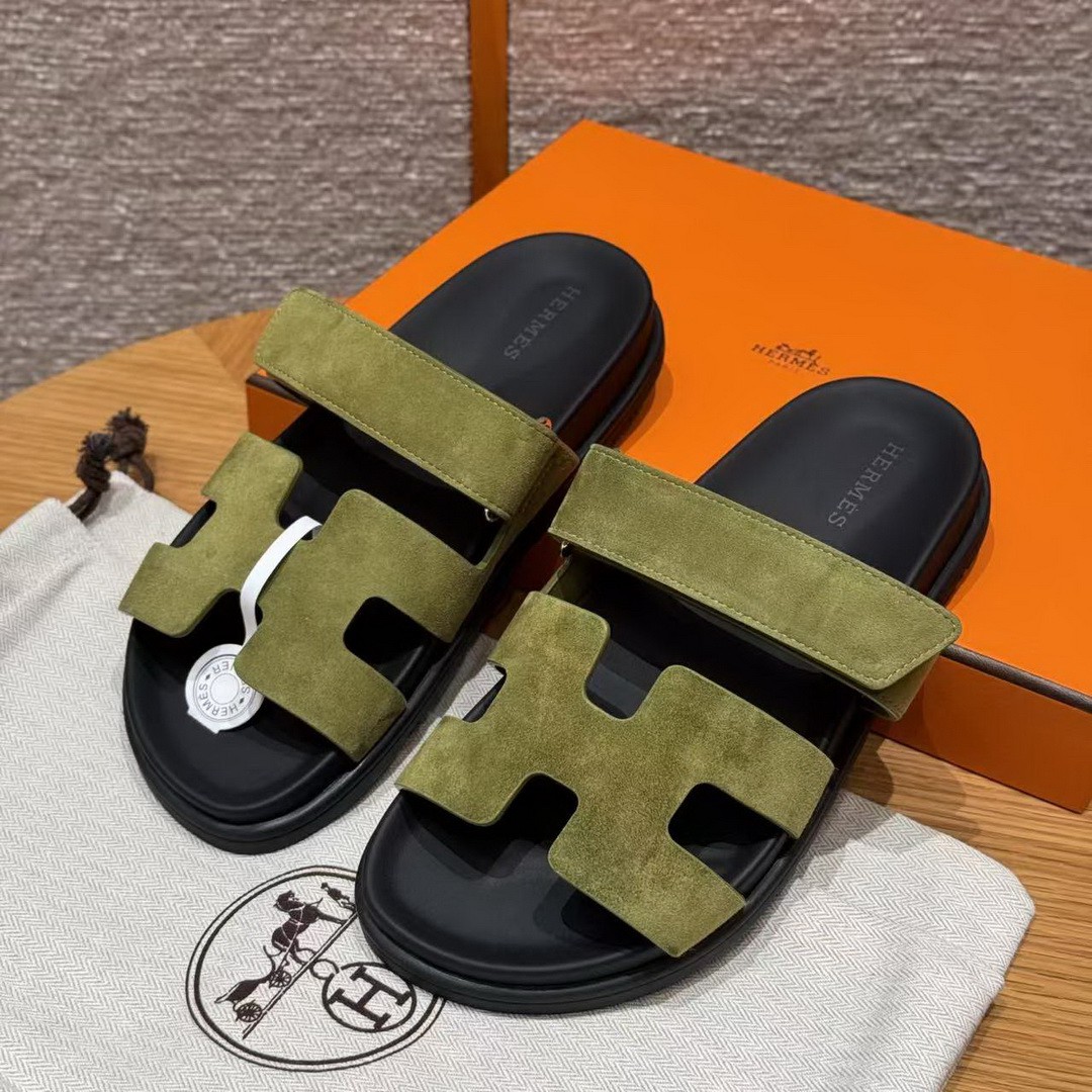 Hermes Chypre Sandal Women Techno-sandal Suede Goatskin Olive Green