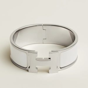Hermes Clic Clac H Wide Bracelet Plain Enamel Rose Gold Blanc H300001FO31GM - Image 5