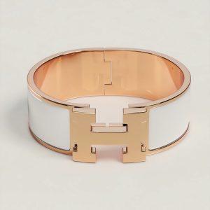 Hermes Clic Clac H Wide Bracelet Plain Enamel Rose Gold Blanc H300001FO31GM