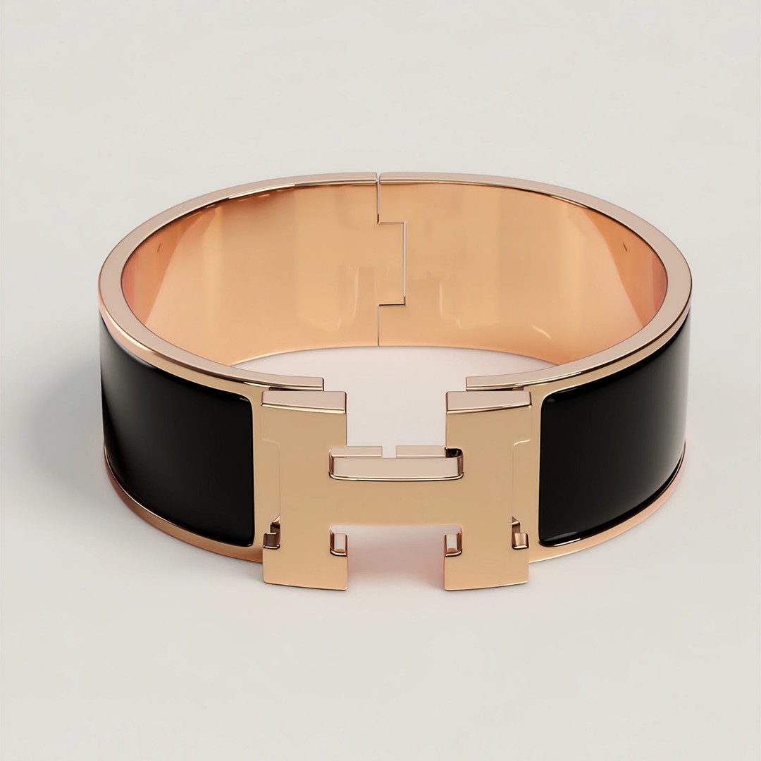 Hermes Clic Clac H Wide Bracelet Plain Enamel Rose Gold Noir H300001FO01GM