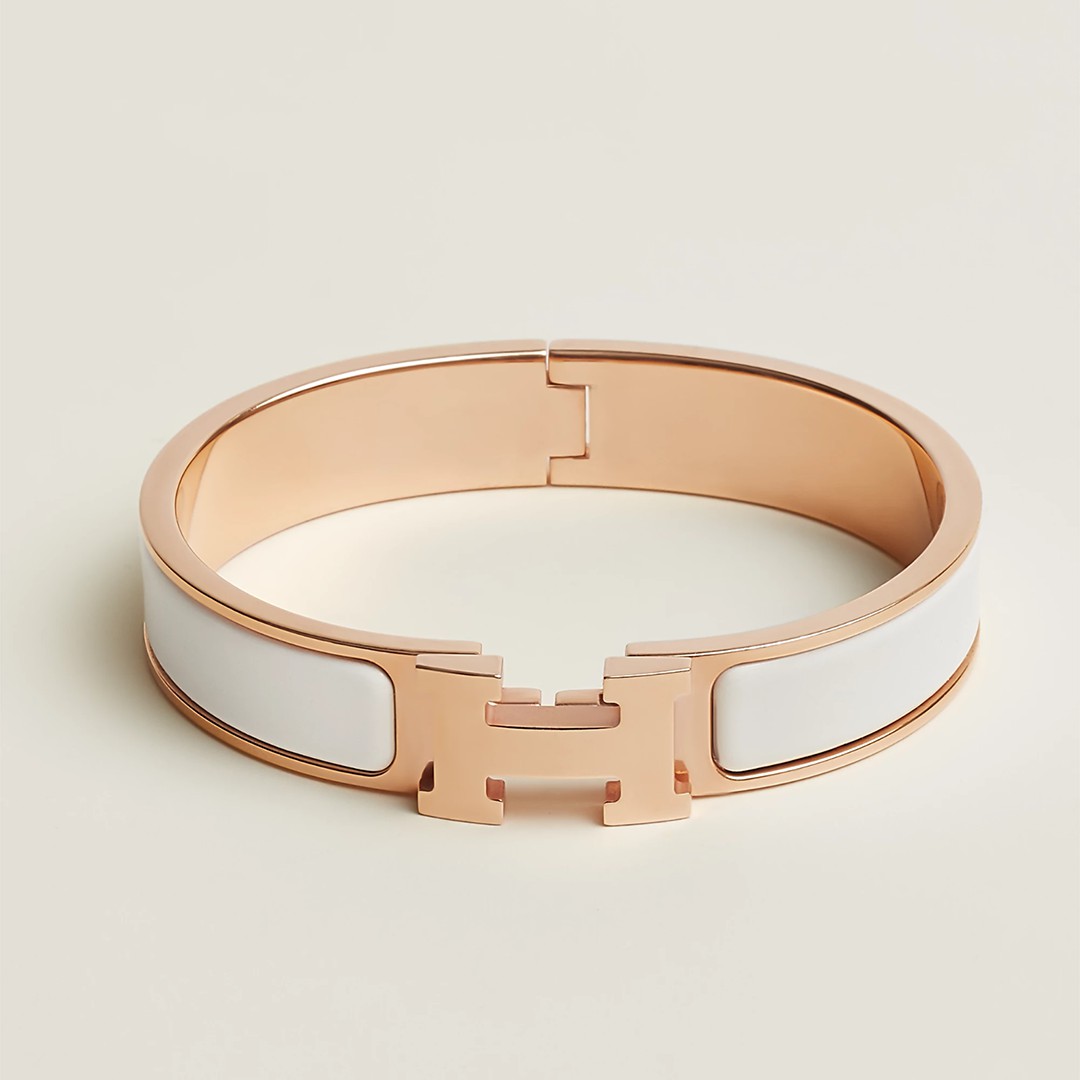 Hermes Clic H Bracelet Plain Enamel Rose Gold Blanc H700001FO31PM