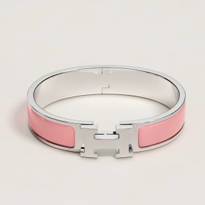 Hermes Clic H Bracelet Plain Enamel Silver Rose Fever H700001FP6OGM