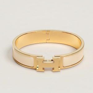 Hermes Clic H Bracelet Plain Enamel Yellow Gold Crème H700001F 85PM