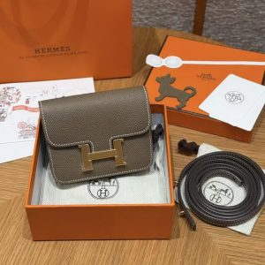 Hermes Constance Slim Wallet Handmade In Epsom Calfskin Leather Gold Hardware 18 Etoupe - Image 14