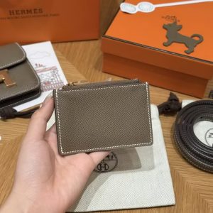 Hermes Constance Slim Wallet Handmade In Epsom Calfskin Leather Gold Hardware 18 Etoupe - Image 8