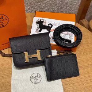 Hermes Constance Slim Wallet Handmade In Epsom Calfskin Leather Gold Hardware 89 Noir - Image 8