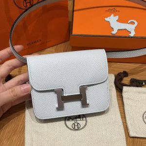 Hermes Constance Slim Wallet Handmade In Epsom Calfskin Leather Silver Hardware 08 Blue Pale