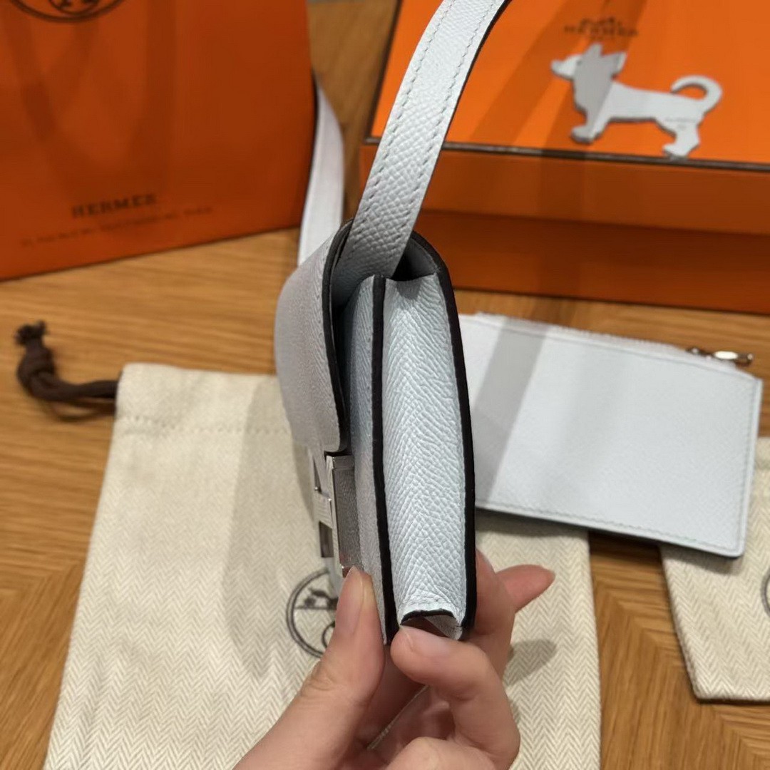 Hermes Constance Slim Wallet Handmade In Epsom Calfskin Leather Silver Hardware 08 Blue Pale - Image 14
