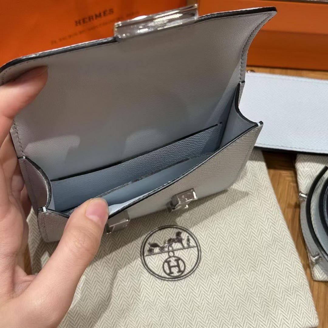 Hermes Constance Slim Wallet Handmade In Epsom Calfskin Leather Silver Hardware 08 Blue Pale - Image 8