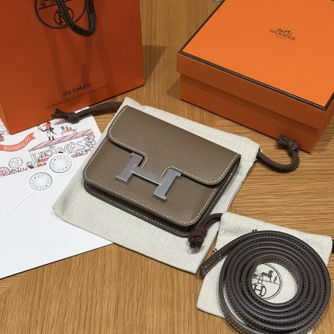Hermes Constance Slim Wallet Handmade In Epsom Calfskin Leather Silver Hardware 18 Etoupe - Image 13